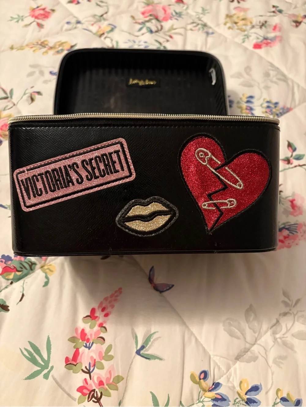Victoria's Secret Black Travel Cosmetic Case with Red Heart Patch